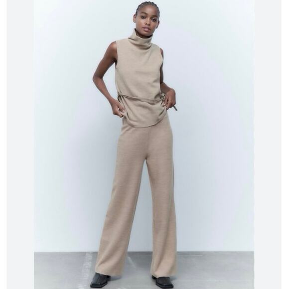 ZARA Tan Knit Sleeveless Turtleneck Lounge Set Two Piece Pants Outfit EUC S - Picture 3 of 13